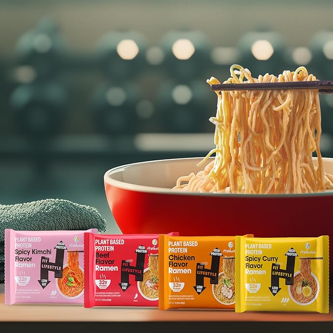 Hethstia High-Protein Ramen Variety Pack (Chicken, Beef, Spicy Kimchi, Spicy Curry), 6-Pack Instant Ramen Noodle Soup, 32g Plant-Based Protein, Vegan, Non-GMO, Low Fat, Pre-Packaged Quick Meal