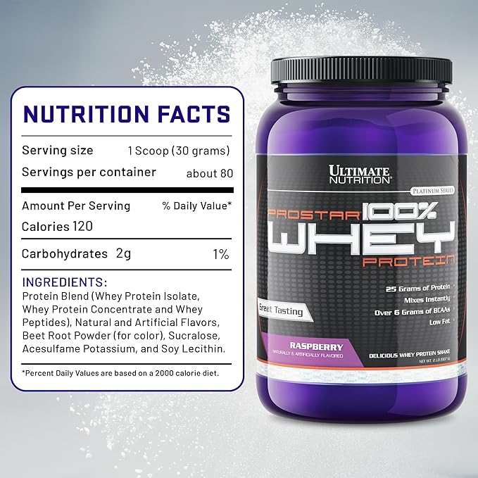 Ultimate Nutrition Prostar Whey Protein Powder Isolate, Raspberry - Low Carb, High Protein Powder Shake for Muscle Gain & Recovery - Low Sodium, Low-Fat & Keto Friendly - 2 lbs Tub