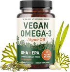 Vegan Omega 3 Algae Oil | Plant Based DHA EPA | Sustainably Sourced, No Carrageenan, Non GMO | Heart, Brain, and Eye Health | Fish Oil Alternative | Algae Omega 3 Supplement | 120 Softgel Capsules