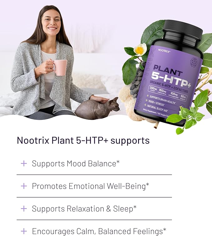 Nootrix Organic Plant 5 HTP+ Supplement | Supports Memory, Mental Focus, Cognitive Health & Energy | Promotes Healthy Mood & Brain Function | Vitamin B6 & L Theanine | 240 Capsules