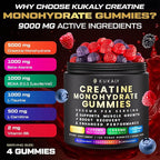 KUKALY Creatine Monohydrate Gummies for Men & Women, 9000MG Creatine Gummies Sugar Free Mixed Flavored with L-Taurine, BCAA 2:1, B12 B6 for Boost Strength, Focus & Endurance, Vegan, Non-GMO, 2 Bottle