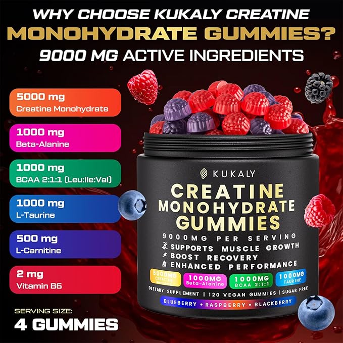 KUKALY Creatine Monohydrate Gummies for Men & Women, 9000MG Creatine Gummies Sugar Free Mixed Flavored with L-Taurine, BCAA 2:1, B12 B6 for Boost Strength, Focus & Endurance, Vegan, Non-GMO, 2 Bottle