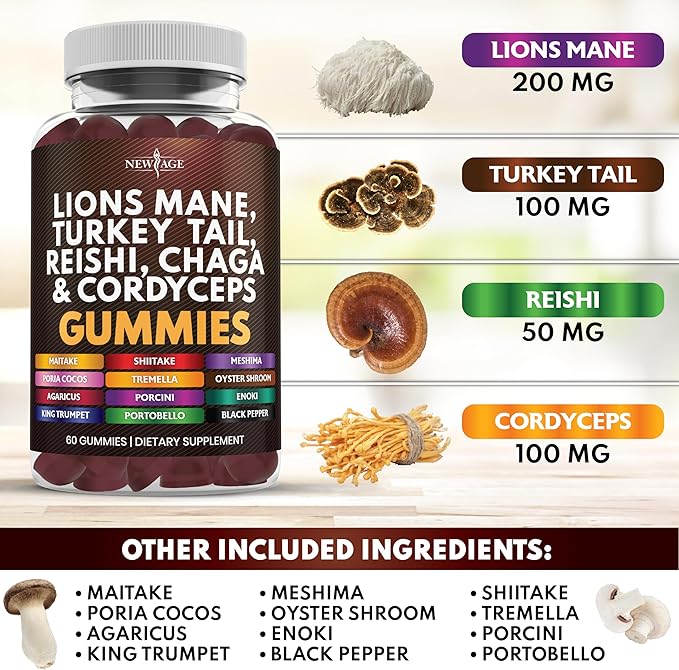 NEW AGE Mushroom Lion's Mane Supplement Gummies - Comprehensive Mushroom Supplement with Reishi, Cordyceps - 180 Count