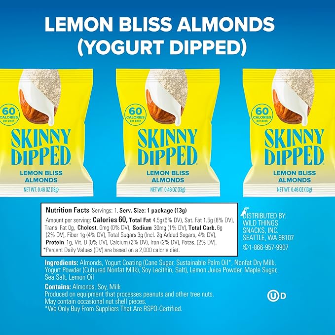 SkinnyDipped Lemon Bliss Almonds, Mini Snack Packs, Chocolate Covered Almonds, Low Sugar, Gluten Free, Healthy Snack, 24 Count