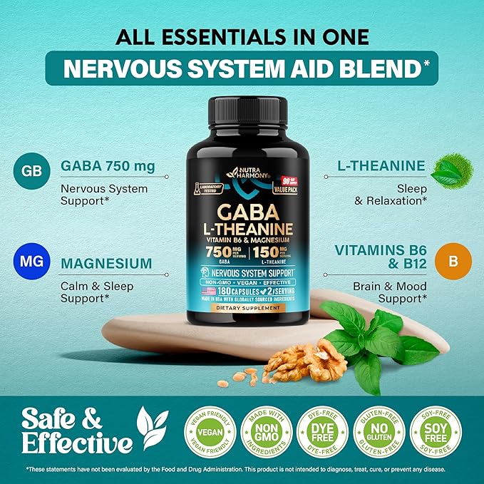 GABA L-Theanine 900 mg - Made in USA - Magnesium | Vitamin B6 - Calm, Sleep, Relaxation & Mood Support - 750 mg Gamma AminoButyric Acid, 150 mg L-Theanine - Non-Habit Forming, Vegan - 180 Capsules