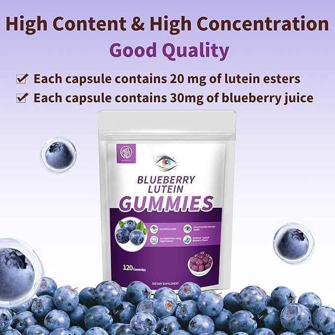 Hudetex Blueberry Lutein Gummies with 120 Count - 2 Month Supply, Eye Health Support Supplement for Kids and Adult, Contains Blueberry Juice (30 mg/Gummy) & Lutein (20 mg/Gummy)