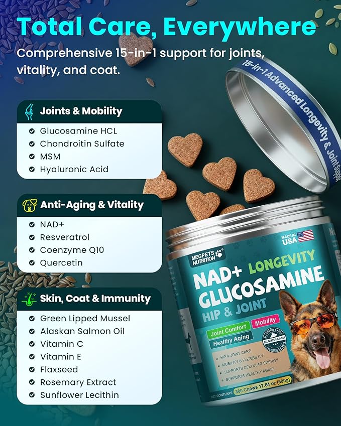 NAD+ Glucosamine for Dogs Hip and Joint Supplement - 300 Soft Chews - Advanced Mobility Support with MSM, Chondroitin, Resveratrol & CoQ10 - Healthy Aging & Vitality