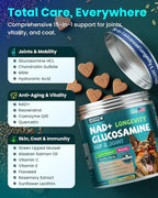 NAD+ Glucosamine for Dogs Hip and Joint Supplement - 300 Soft Chews - Advanced Mobility Support with MSM, Chondroitin, Resveratrol & CoQ10 - Healthy Aging & Vitality