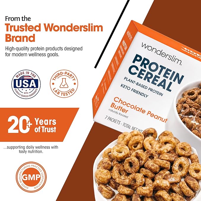 WonderSlim Protein Cereal, Chocolate Peanut Butter, Low Sugar, Gluten Free, Keto Friendly & Low Carb (7ct)
