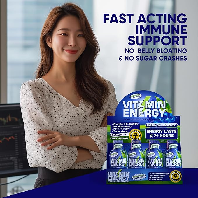 Vitamin Energy Immune+ Extra Strength Energy Shot Blue Raspberry 10 Pack, 260mg Natural Caffeine, B-Vitamins, Citicoline, Green Tea, Immunity & Focus Support, Zero Sugar, Gluten-Free 1.93 fl oz