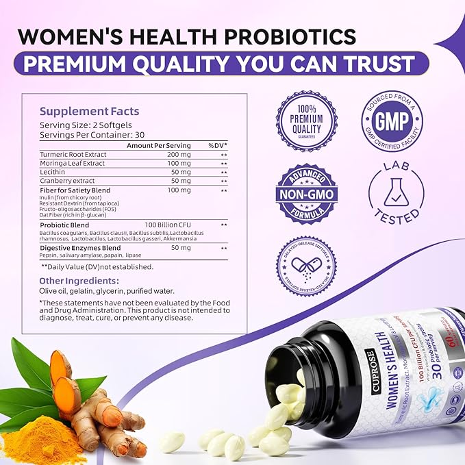 Probiotics for Women 100 Billion CFUs, Menopause, Joint Support & Bloating Relief, Turmeric Curcumin Moringa with Cranberry, Probiotics for Women Digestive Health - 60 Softgels