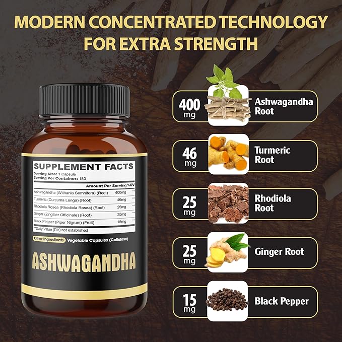 5in1 Premium Ashwagandha Capsules - Added Turmeric, Rhodiola Rosea, Ginger, Black Pepper - 180 Caps for 6 Months