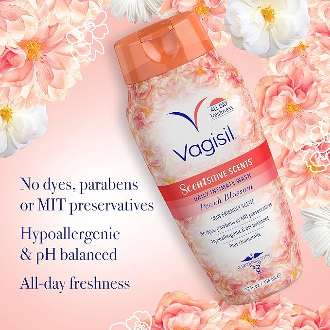 Vagisil Feminine Wash for Intimate Area Hygiene,Scentsitive Scents,pH Balanced and Gynecologist Tested,Peach Blossom,12 oz,(Pack of 6)
