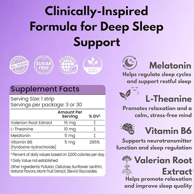 Riize Sleep Strips, Fast Acting Dissolvable Oral Supplement with 5mg Melatonin, Valerian Root, L-Theanine, Vitamin B6, Natural Flavors, Vegan (6 Count)