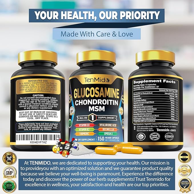 Glucosamine Chondroitin MSM Supplement - 12in1 Formula - Combine with Turmeric, Hyaluronic Acid, Boswellia, Omega-3, Bromelain, Ginger, and More - Joint Health Support - 150 Capsules