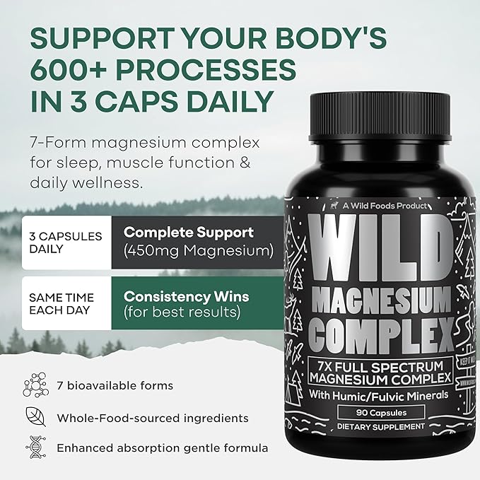 Wild Foods Magnesium Complex Supplement with 7X Forms, 90 Capsules | High Absorption, Full Spectrum, Easy Digestion | 500mg Glycinate, Bisglycinate, Malate, Orotate, Citrate, Taurate