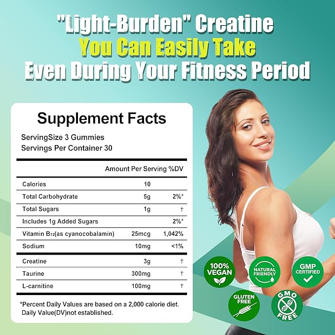 Creatine Monohydrate Gummies for Women,3000mg Creatine with Taurine and L-carnitine,Vegan Sugar-Free for Muscle Shaping and Growth,Creatine Gummies ForIdeal for Gym Women and Men,120 Count