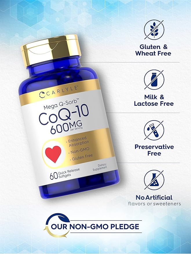 Carlyle CoQ10 600 mg Softgels | 60 Count | Mega Q-Sorb Coenzyme Q-10 | with Black Pepper Extract | Non-GMO & Gluten Free Supplement