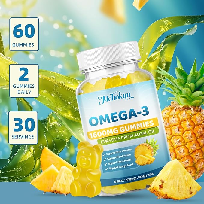 Vegan Omega-3 Gummies 1600mg EPA & DHA from Algal Oil, Fish Oil Alternative for Adults & Kids, Omega 3 Supplement with Vitamin D3 K2 for Brain, Eye & Immune Health Sugar Free Pineapple, 60 Count