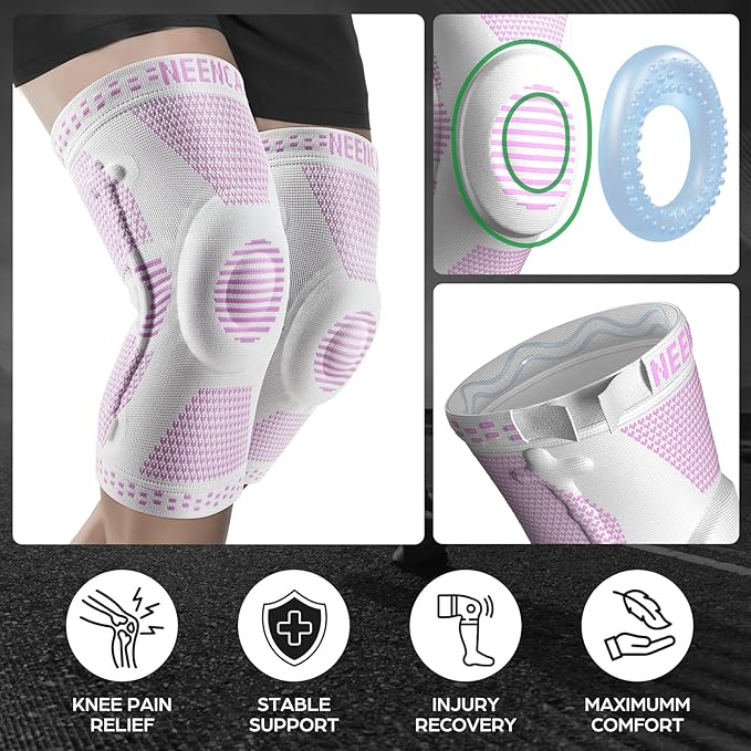 NEENCA Professional Knee Brace for Pain Relief, Medical Knee Support with Patella Pad & Side Stabilizers, Compression Knee Sleeve for Meniscus Tear, ACL, Joint Pain, Runner, Workout (Pink White, M)
