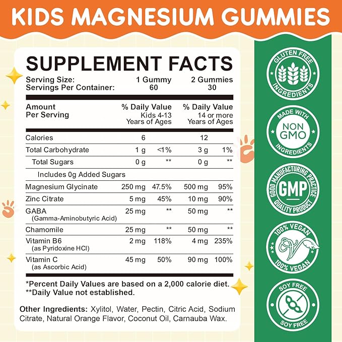 Magnesium Glycinate Gummies for Kids: Calm Magnesium Supplement for Kids & Adults with Zinc Citrate, GABA, Chamomile, Vitamin B6 & C - Sleep, Relaxation & Focus, Orange Flavor 60 Count