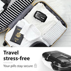 Travel Pill Organizer - Moisture Proof Portable Vitamin Holder with 7 Compartments, Compact Supplement Case for Purse Essential Medicine Kit fot Traveling Pocket Pharmacy with Labels, Black