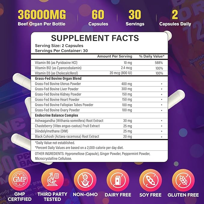 Beef Organ Supplement for Women - 100% Grass Fed Beef Organs with Bovine Liver, Ovary, Uterus, Kidney, Heart & Fallopian Tubes - PMS, Menopause & Energy, Immune & Mood Support, 60 Count