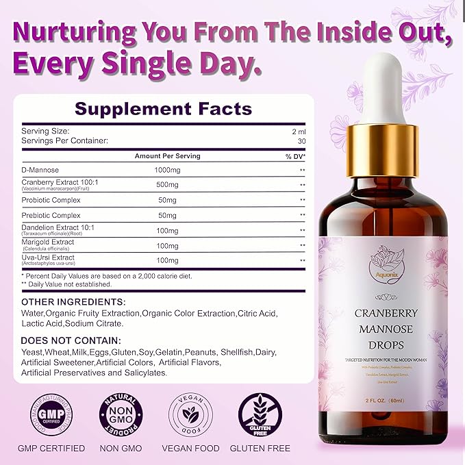 Cranberry & D-Mannose Drops for Women - Urinary* Tract Support - Liquid Herbal Tincture Supplement - Sugar-Free, Fast Absorption, 2 fl oz
