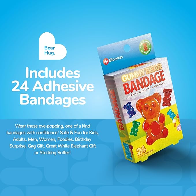 BioSwiss Bandages, Gummy Bear Shaped Self Adhesive Bandage Set, Latex Free, Sterile Wound Care, 24 Count