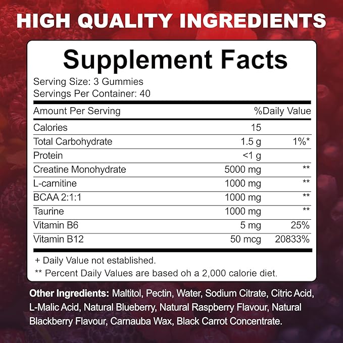 Creatine Monohydrate Gummies for Men & Women with L-Carnitine & Taurine, Sugar Free Chewable Creatine Pre-Workout Supplement for Muscle Strength, Muscle Builder, Energy Boost (Raspberry Flavor)