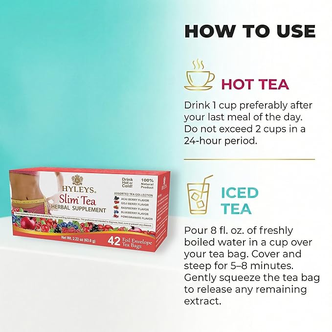 HYLEYS Slim Tea 42 Ct Assorted - Weight Loss Herbal Supplement Cleanse and Detox - 42 Tea Bags (12 Pack) - Tea Bags Variety Pack