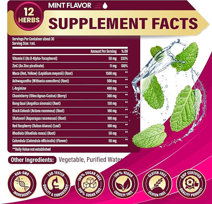 12in1 Maca Root Liquid Drops with Ashwagandha, L-Arginine, Chasteberry, Dong Quai, Black Cohosh, Shatavari, Red Raspberry, Rhodiola Rosea, Calendula and More - 30ml 1 Fl Oz