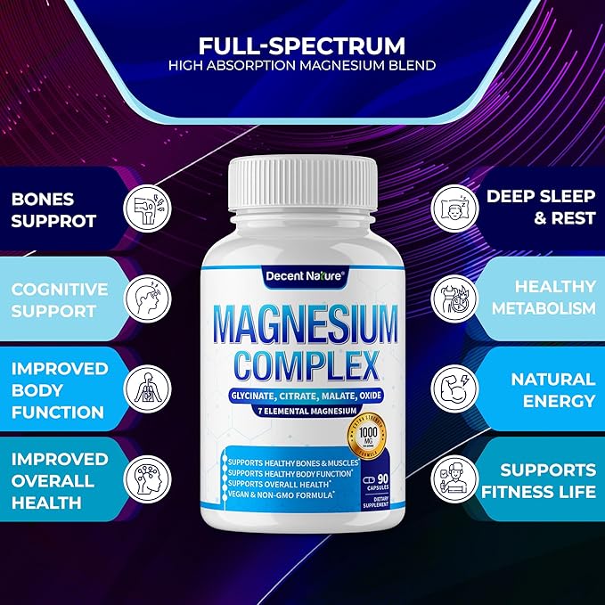 Magnesium Complex 7 Elemental Magnesium Supplement 1000mg – Magnesium Glycinate, Citrate, Malate, Taurate, Oxide, Aspartate, Orotate Non-GMO 90 Capsules