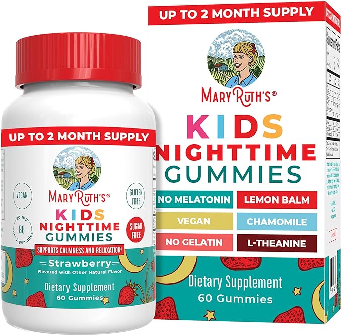 MARYRUTH'S Kids Nighttime Gummies | Sugar Free | NO Melatonin with L Theanine, Lemon Balm, Chamomile, Vitamin B6 | Relaxation Support for Kids 2+ | Vegan | Non-GMO | Gluten Free | 60 Count