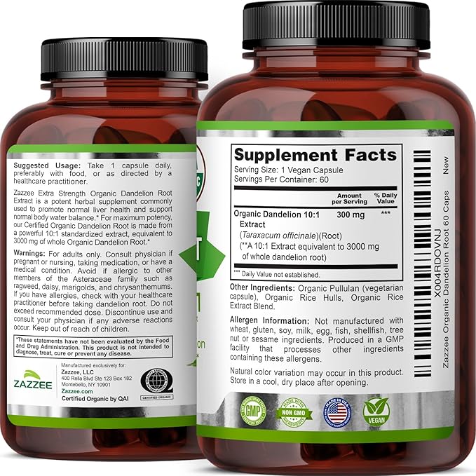 Zazzee USDA Organic Dandelion Root 10:1 Extract, 60 Capsules, 2 Month Supply, Liver & Detox Support, Taraxacum Officinale, Organic Herbal Supplement, All-Natural, Non-GMO, Made in the USA