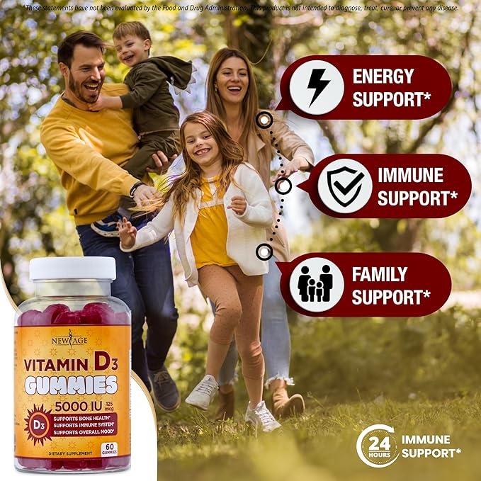 NEW AGE Vitamin D3 5000 IU 125mcg Gummies - Immune Supplement - Non-GMO, Gluten-Free, Dairy-Free, No Gelatin (180 Gummies (Pack of 3))