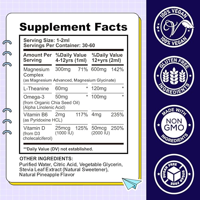 Kids Magnesium Liquid Drops-Magnesium Glycinate Liquid for Kids Supplement-w/L-theanine, Omega-3, Vitamin B6, D3 - for Sleep, Relaxation, Brain, Bones - Pineapple Flavor, 4 Fl Oz