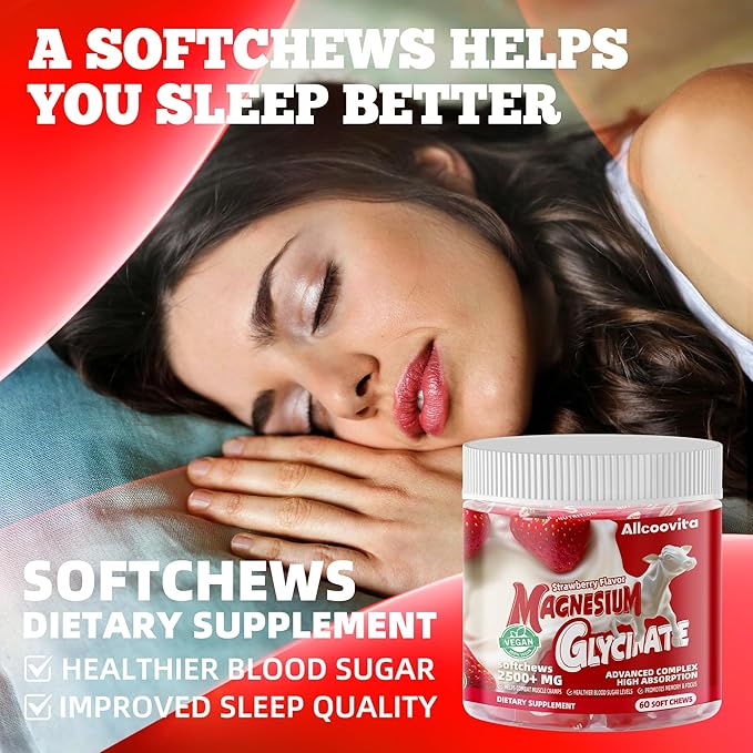 Magnesium Glycinate Soft Chews, Strawberry Flavor.Chewable Sugar Free Potassium Magnesium Chews with Magnesium Glycinate, Vitamin D, B6, and CoQ10 for Calm Support & Sleep for Adults, 60 Days Supply