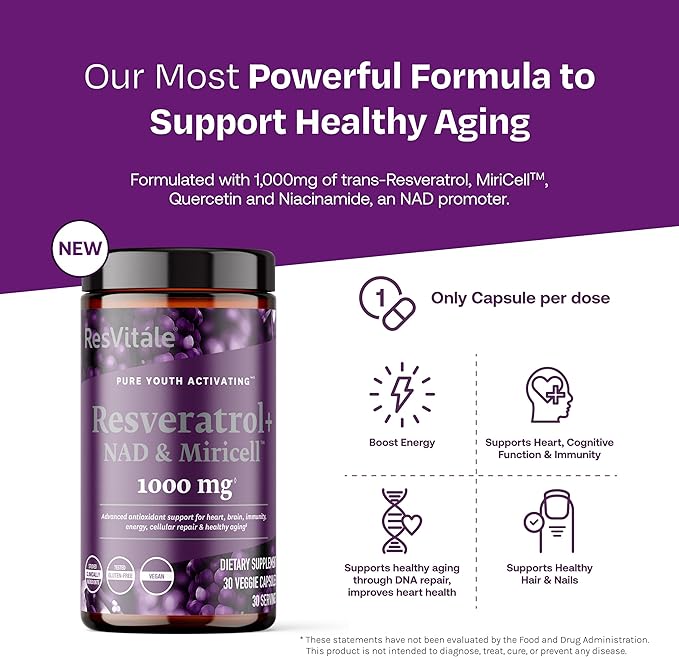 ResVitále Resveratrol + NAD & Miricell 1000 mg - Advanced Antioxidant Support for Brain, Heart, Energy & More - 30 Veggie Capsules (30 Servings)