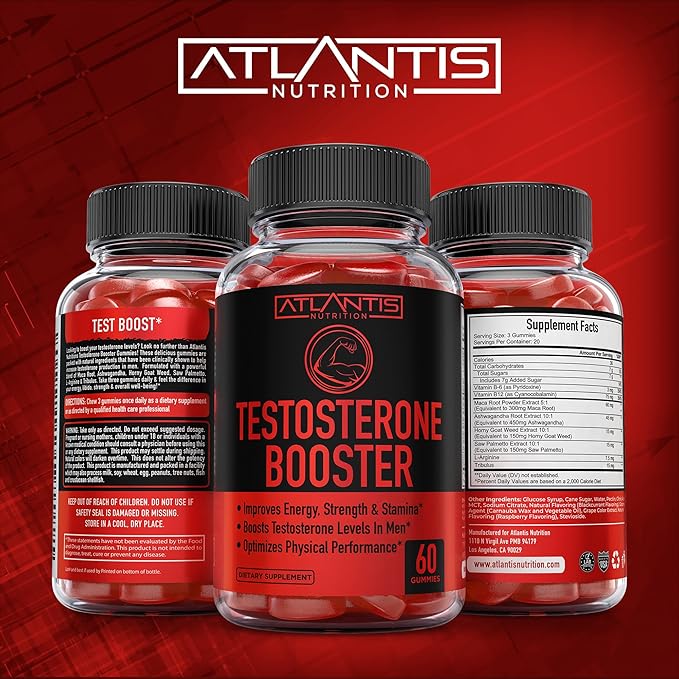 Atlantis Nutrition Testosterone Booster Gummies For Men - Enhances Strength & Stamina - Optimizes Performance & Male Enhancement - Tribulus, Goat Weed Extract, Maca Root Extract | 2-Pack (120 Gummies)