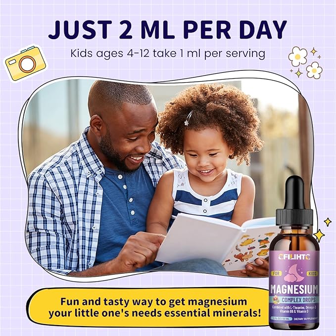 Kids Magnesium Liquid Drops-Magnesium Glycinate Liquid for Kids Supplement-w/L-theanine, Omega-3, Vitamin B6, D3 - for Sleep, Relaxation, Brain, Bones - Mixed Berry Flavor, 4 Fl Oz