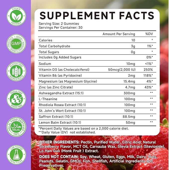 Saffron Supplements Gummies for Kids & Adults Vision, Zzz, Focus & Cortisol with Ashwagandha, L-Theanine, Rhodiola Rosea, St.John's Wort, Lemon Balm, Vitamin D3, B6, Magnesium & Zinc, Strawberry, 60Ct