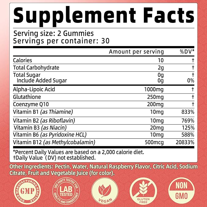 Alpha Lipoic Acid Gummies 1000 MG, High Potency Chewable ALA Supplement with Glutathione, CoQ10, Vitamin B Complex for Antioxidant, Cognitive, Nerve* Support, Sugar-Free, Raspberry Flavor, 60 Counts