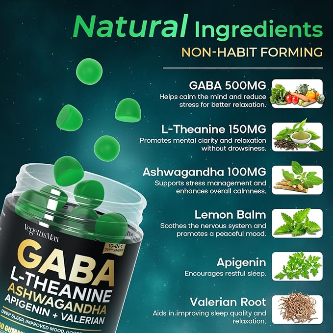GABA L-Theanine Gummies, Sugar-Free Calm Gummies with L-Theanine, Ashwagandha,Valerian Root,Magnesium | Support Sleep,Stress Relief & Relaxation | GABA Supplement for Adult- Blueberry Flavor