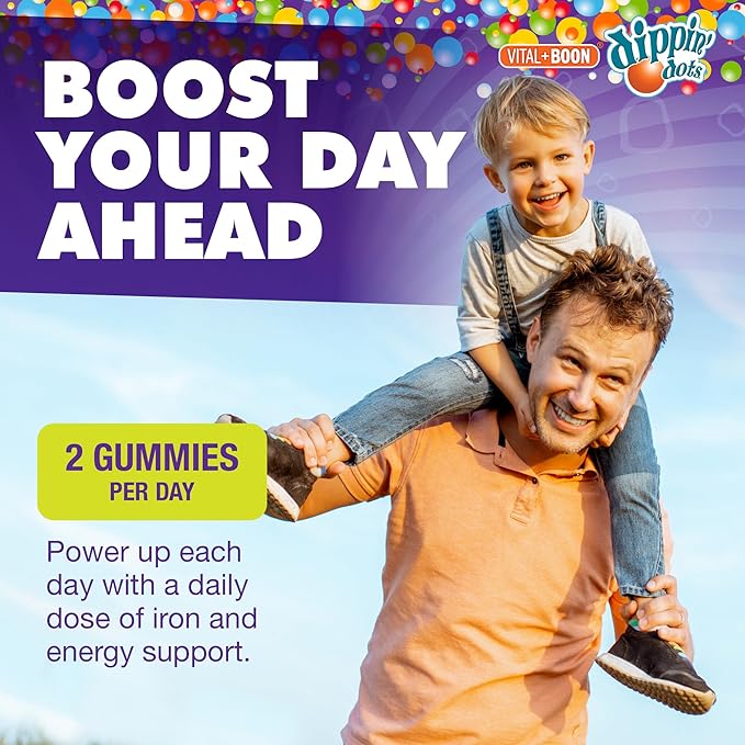 Vital+Boon - Iron with Vitamin C & B12 Gummies (60 Count) Vital for Red Blood Cell Formation | Gum Drop Grape Real Pectin Fruit Chew Supplements | Vegan, Non-GMO, Gluten Free & Gelatin Free