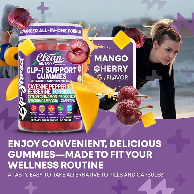 Clean Nutra Gummies with Cayenne Pepper, CLA, Berberine, Forskolin, Ceylon Cinnamon, Probiotics, Garcinia Cambogia & L-Carnitine | Mango Cherry Flavor | 60 Count Chewable Supplement Gummies
