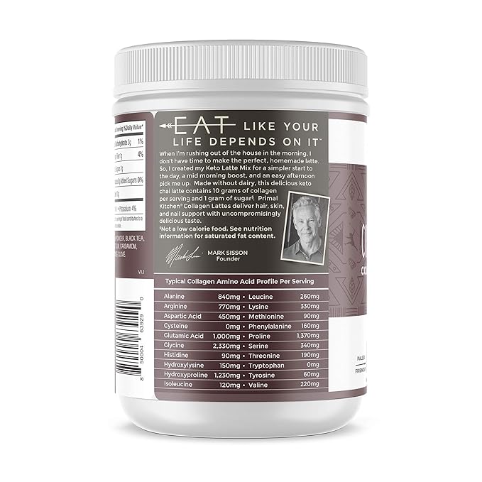 Primal Kitchen Chai Tea Collagen Keto Latte Powder, Collagen Peptide Drink Mix, 8.55 Ounces