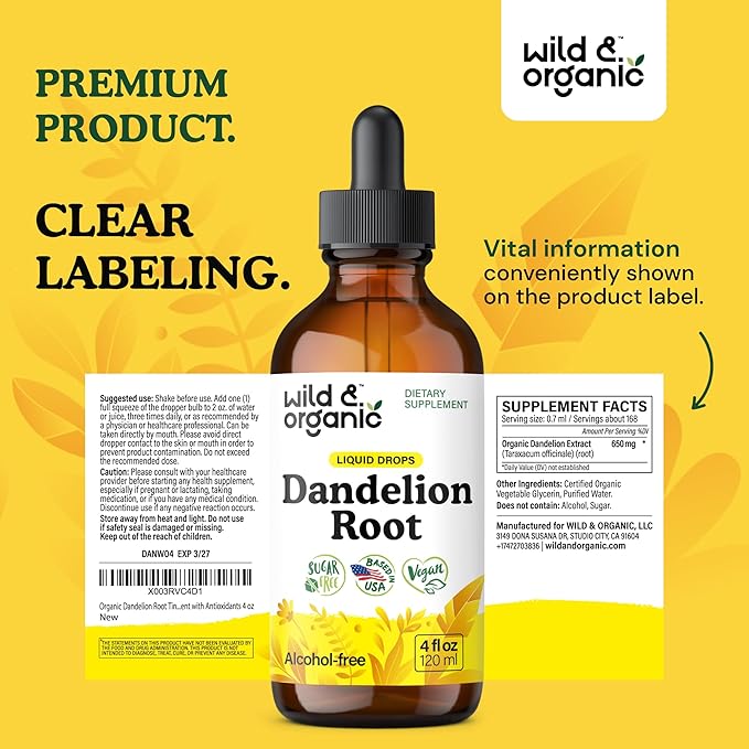 Wild & Organic Dandelion Root Extract Drops - Liver Cleanse Detox - Herbal Dandelion Tincture - Liver Support Supplement - Add to Tea - Vegan, Sugar & Alcohol-Free Liquid Drops - 4 fl oz
