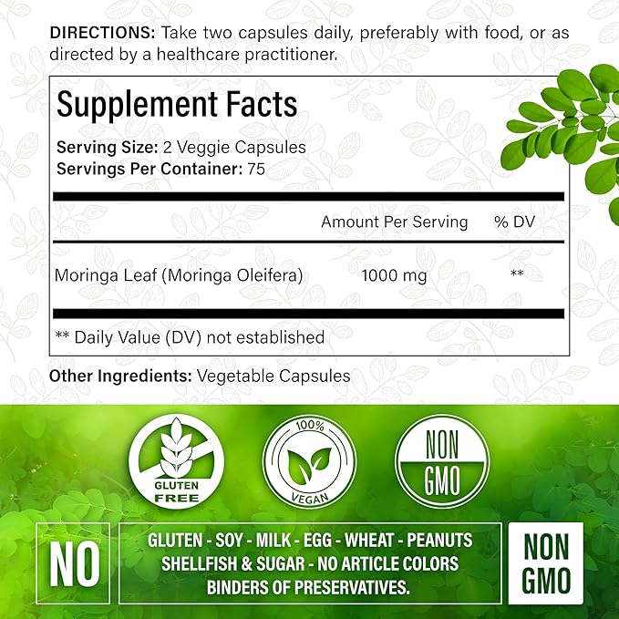 Moringa Capsules| 150 Capsules| Moringa Oleifera | Pure & Natural| Non-GMO and Gluten Free Supplement | Complete Green Superfood | Moringa Leaf Extract Powder