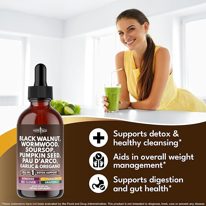 Black Walnut Wormwood Cleanse Drops - Liquid Soursop, Garlic, Pumpkin Seed, PAU D'Arco, Oil of Oregano, Turmeric, Berberine, Neem Extract, Hull Bark, Tincture - 2oz